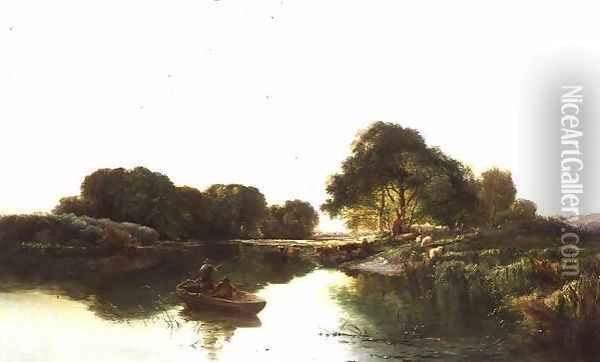 A River Landscape with Anglers Fishing Oil Painting - Edward Charles Williams