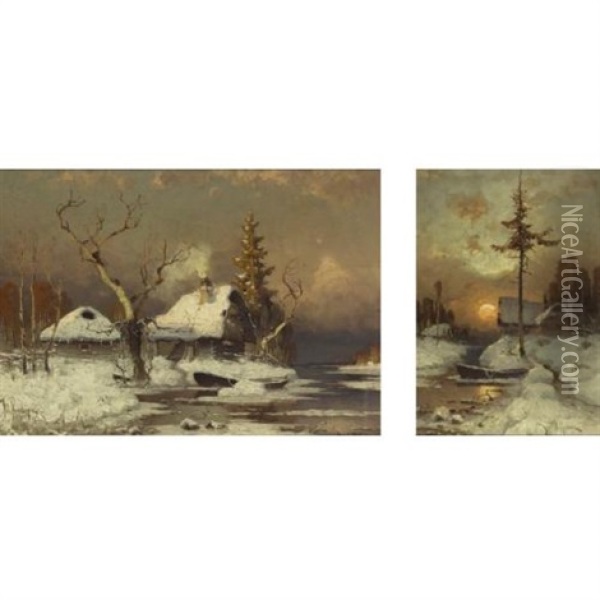 Winter Scenes (pair) Oil Painting - Yuliy Yulevich (Julius) Klever