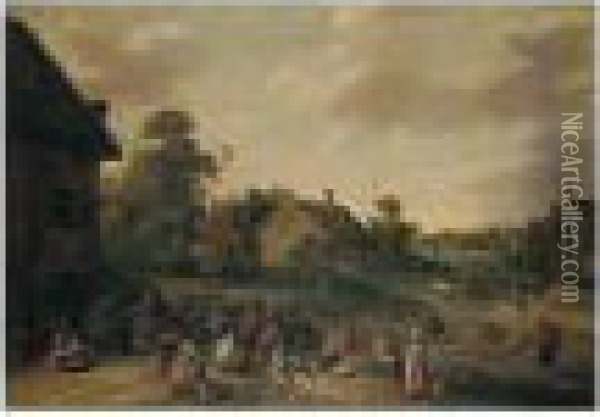 A Landscape With Peasants Merrymaking Outside An Inn Oil Painting - Joost Cornelisz. Droochsloot