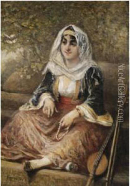 The Yayly Tanbur Player Oil Painting - Cesare Felix dell' Acqua