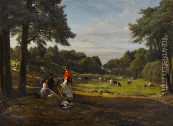 A Pastoral Landscape With Figures Sketching In The Foreground Oil Painting - Josephus Laurentius Dyckmans