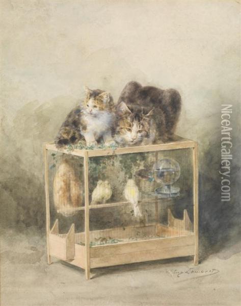 La Cage Des Canaris Guettee Par Les Chats Oil Painting - Louis Eugene Lambert