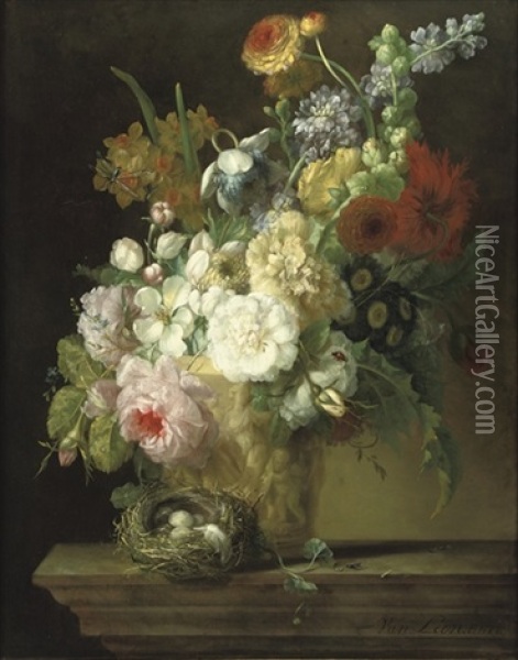 Roses, Chrysanthemums, Anemonies And Other Flowers In A Sculpted Vase With A Bird's Nest On A Stone Ledge Oil Painting - Willem van Leen