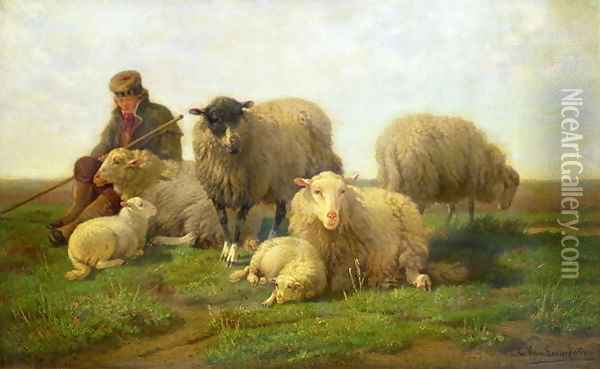 A Shepherd with Sheep and Lambs Oil Painting - Cornelis van Leemputten