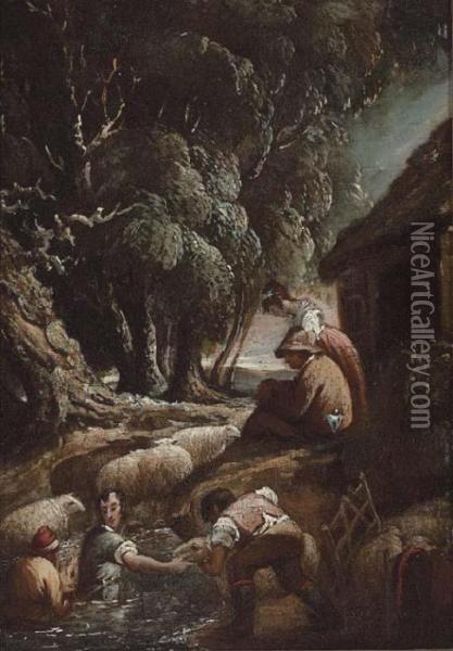 The Sheep Dip; And The Shepherdess Oil Painting - Thomas Barker of Bath
