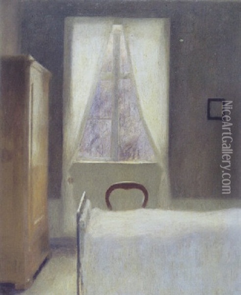 Sovekammer. I Forgrunden Tilhojre En Jernseng Med Hvidt Taeppe Oil Painting - Vilhelm Hammershoi