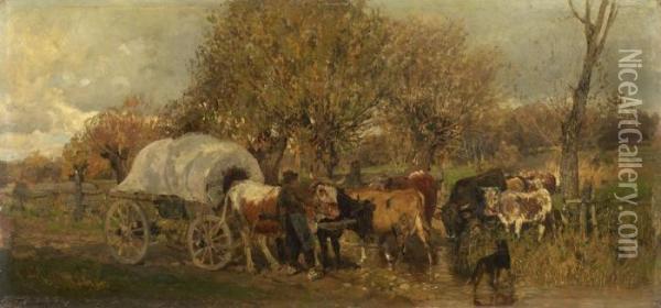 Landschaft Mitochsenkarren Und Vieh Oil Painting - Wilhelm Velten