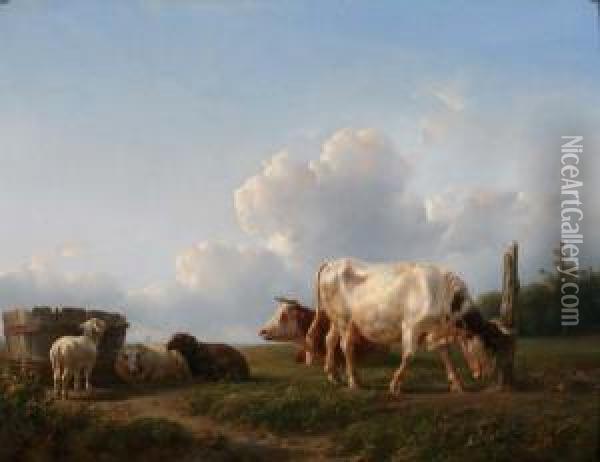 Koeien En Schapen In Een Weide Oil Painting - Jan Bedijs Tom