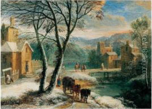 A Winter Landscape With Travellers And Waggoners Beside A River Oil Painting - Adriaen Frans Boudewijns