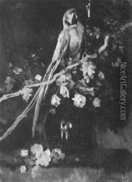 Parrot Seated On A Branch With A Vase Of Flowers Below Oil Painting - Luis Graner y Arrufi