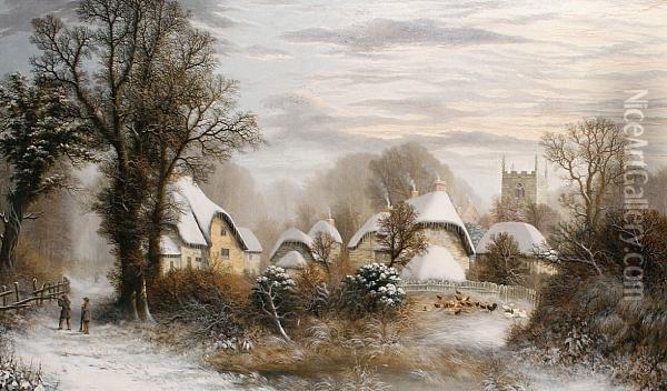 Wintry Village Scene Oil Painting - Charles Leaver