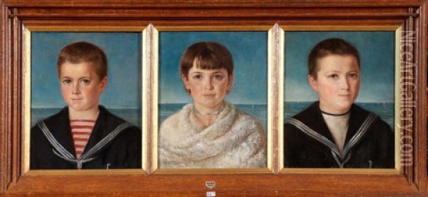 Portraits De Godefroid, Marie-madeleine Et Gaspard De Turck De Keersbeek (3 Works) Oil Painting - Louis Van Engelen