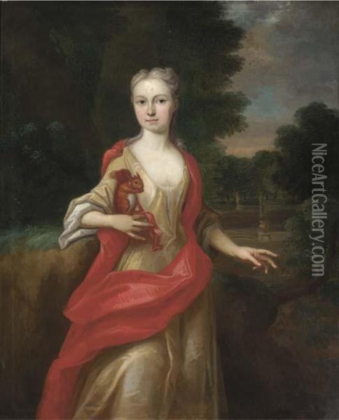 Portrait Of A Lady, 
Three-quarter-length, In A Yellow Dress Andscarlet Wrap, Holding A 
Squirrel In Her Right Hand, In An Extensivelandscape Oil Painting - Sir Godfrey Kneller
