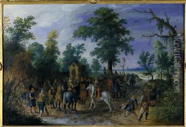 Cavalry and Infantry before a Chapel, before 1610 Oil Painting - Sebastien Vrancx