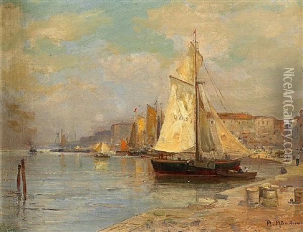 Segelschiff Im Hafen Oil Painting - Alfred (Wilhelm) Metzener
