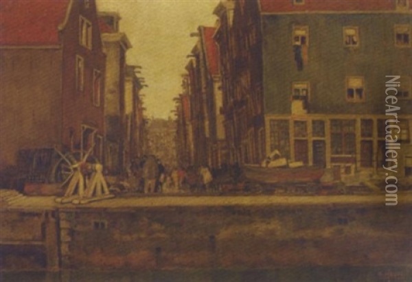 Daily Activities On The Zwanenburgwal, Amsterdam Oil Painting - Herman Heuff