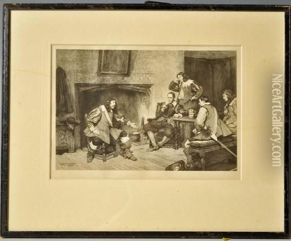 A Carolean Interior Scene Of Five Cavaliers In Discussion By A Fireside Oil Painting - John Seymour Lucas