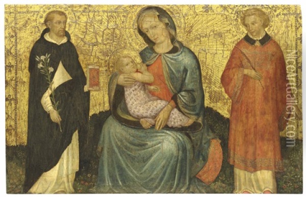 The Madonna Of Humility With Saint Dominic And Another Male Saint Oil Painting - Jacobello Del Fiore