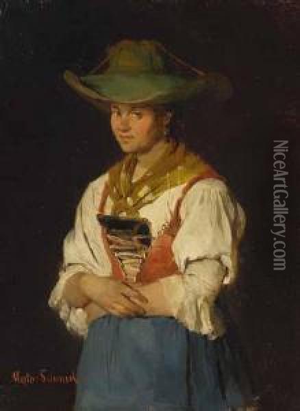 Portrat Eines Tiroler Bauernmadchens. Oil Painting - Mathias Schmid
