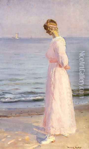 Girl in a Pink Dress, 1914 Oil Painting - Michael Peter Ancher