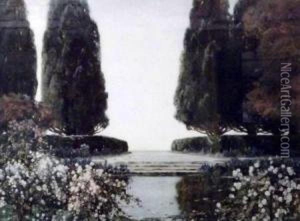 Floral Garden With Lake Oil Painting - Thomas E. Mostyn
