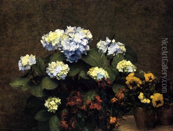 Hortensias, Giroflees, Deux Pots De Pensees Oil Painting - Henri Fantin-Latour