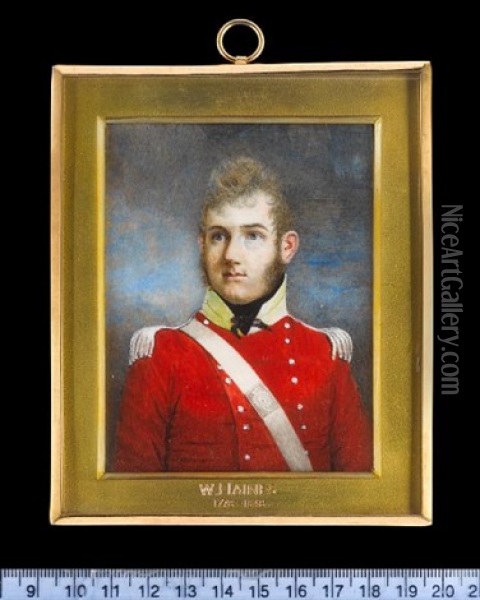 An Officer, Wearing Scarlet Coatee With Silver Buttons And Epaulettes, Gold Collar And Black Stock, A White Belt With Belt-plate Across His Chest Oil Painting - William Haines