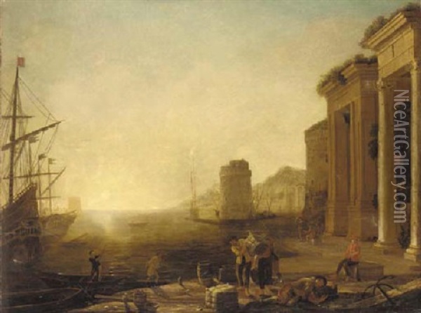 A Coastal Inlet With Moored Shipping And Stevedores On A Quay Oil Painting - Claude Lorrain