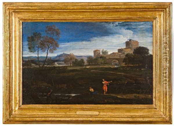 Veduta Con Borgo Antico E Figure Oil Painting - Domenico Zampieri (Domenichino)