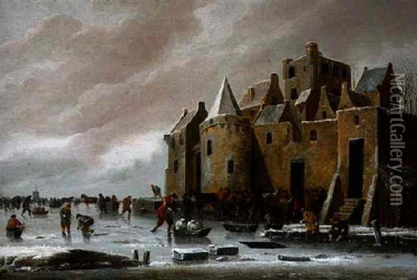 A Winter Landscape With Villagers On A Frozen River Beside A Castle Oil Painting - Thomas Heeremans
