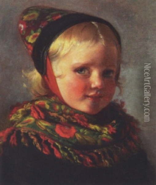 Portraet Af Pige Med Kyse Og Sjal Oil Painting - Elisabeth Anna Maria Jerichau-Baumann