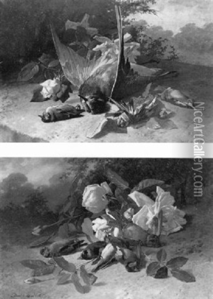 Nature Mortes Aux Fleurs Et Oiseaux Sur Fond De Paysage Oil Painting - David Emile Joseph de Noter