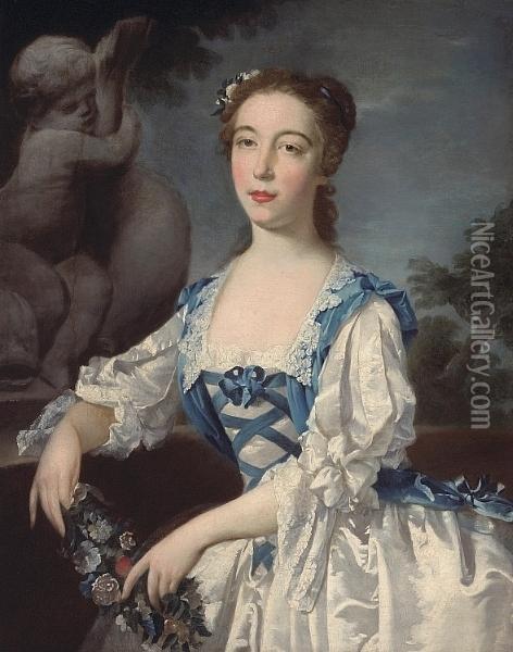 A Portrait Of A Lady, 
Three-quarter Length In A White Dress With Blue Ribbons Holding A 
Bouquet Of Flowers Oil Painting - Thomas Hudson