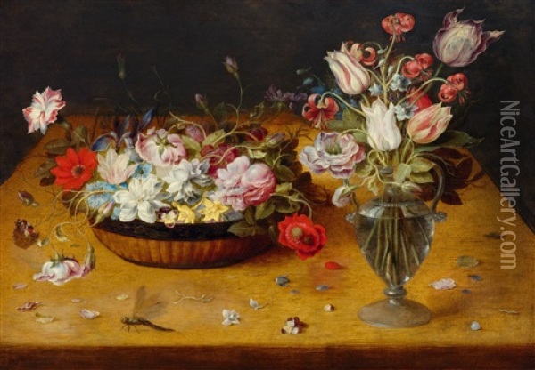 Flowers In A Basket And In A Glass Vase Oil Painting - Osias Beert the Elder
