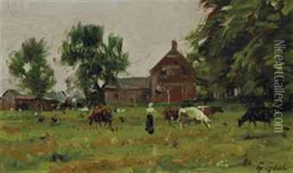 Farm In The Summer With Cows Oil Painting - Gilbert Gaul