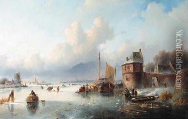 A Winter Landscape With Numerous Skaters On A Frozen Waterway,dordrecht In The Distance Oil Painting - Jan Jacob Coenraad Spohler
