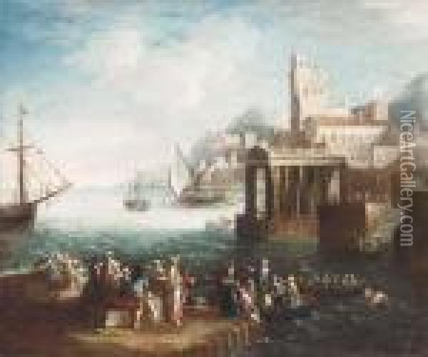 A Capriccio Of A Mediterranean Port With Figures On A Quay Andshipping Beyond Oil Painting - Adriaen Van Der Kabel