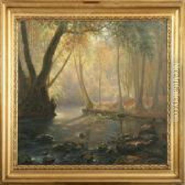 Forest Scene With Sunlitstream Oil Painting - Peter Busch