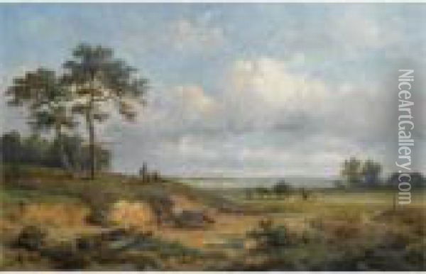 Travellers In An Extensive Landscape Oil Painting - Anthonie Jacobus Van Wyngaerts