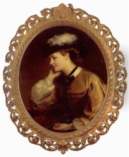 Portrait Of Florence Stephenson, Nee Pearse,  In A Brown Dress With White Sleeves And Black Feathered Hat Oil Painting - Henry Weigall Jr.