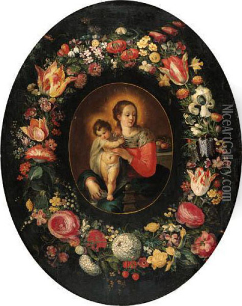 A Garland Of Flowers Surrounding A Medallion Of The Virgin Andchild Oil Painting - Frans II Francken