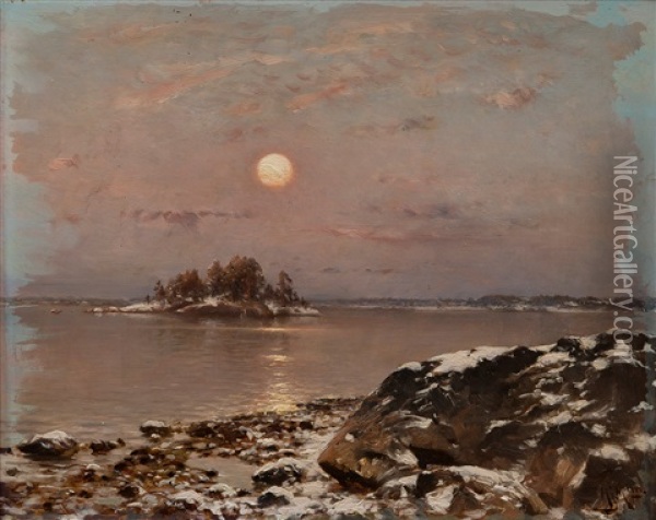 Moonlight Over The Fresh Snow Oil Painting - Magnus Hjalmar Munsterhjelm