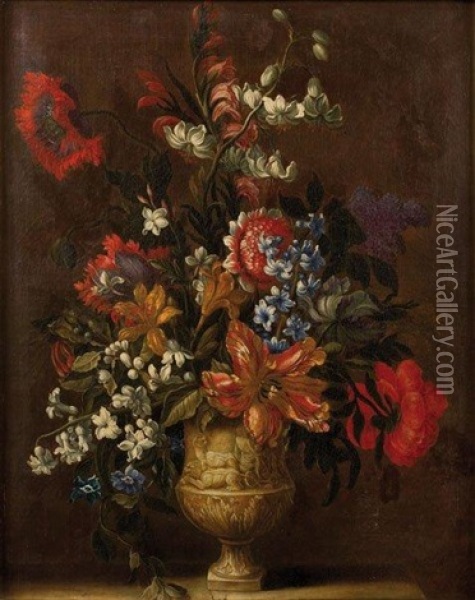Tulipes, Narcisses, Oeillets Et Muguet Dans Un Vase De Pierre Sculpte Oil Painting - Jean-Baptiste Monnoyer