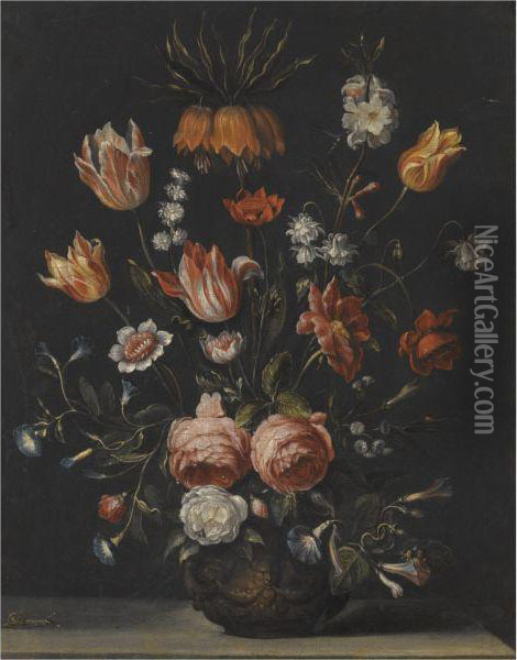 Still Life With Tulips, Roses, Petunias And Other Flowers In A Vaseresting On A Stone Plinth Oil Painting - Hieronymus Galle I