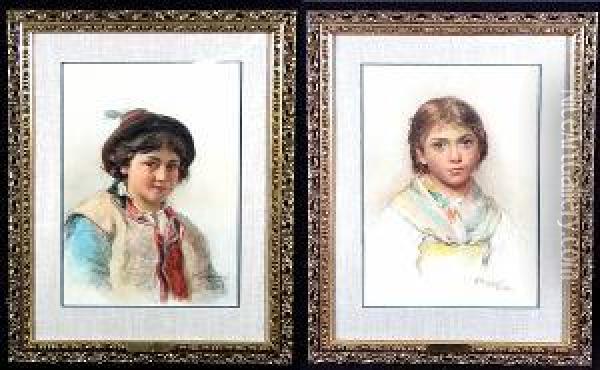 A Portrait Of A Young Boy In A 
Cap; Also A Companion Portrait Of A Young Girl With A Scarf Around Her 
Neck (a Pair) Oil Painting - Augusto Bompiani