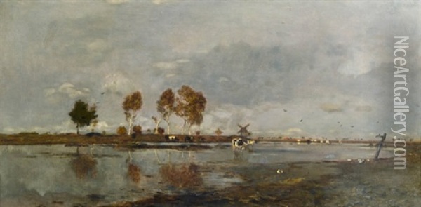 Flusslandschaft Mit Weidevieh Oil Painting - Eugen Jettel