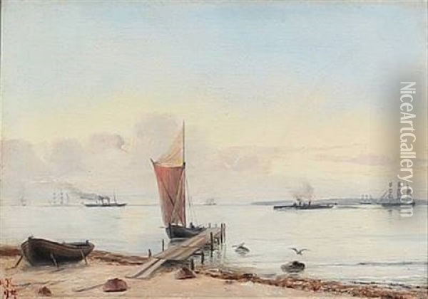 Coastal Scene On A Quiet Summer Day Oil Painting - Johann Adolf Kittendorf