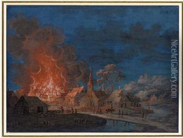 A Village On Fire By Moonlight Oil Painting - Louis Nicolas van Blarenberghe