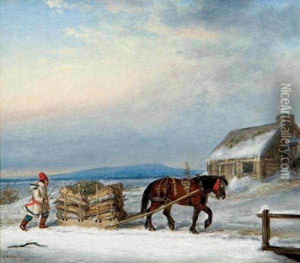 Figure, House And Sleigh In Snow Oil Painting - Cornelius Krieghoff