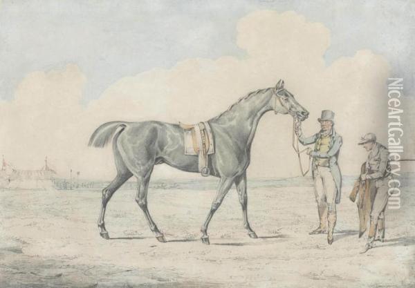 A Racehorse With A Handler And Jockey Oil Painting - Henry Thomas Alken